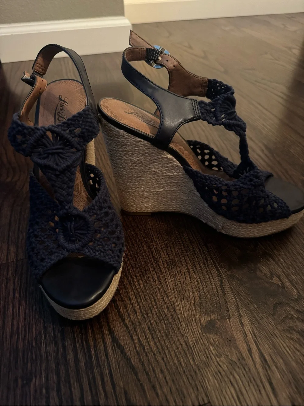 Lucky Brand Navy Crochet Espadrille Wedge Sandals